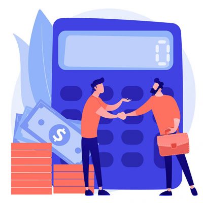 Calculator with number. Financial deal. Confirming with handshake. Calculating operation, audit, venture capital. Economical partnership. Vector isolated concept metaphor illustration.